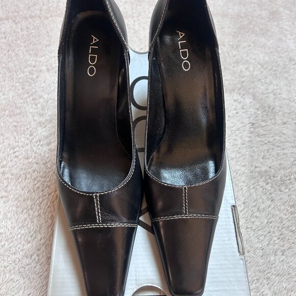 ALDO Women’s Black Leather Heels – Square Toe Pumps – Classic & Chic - Picture 1 of 8